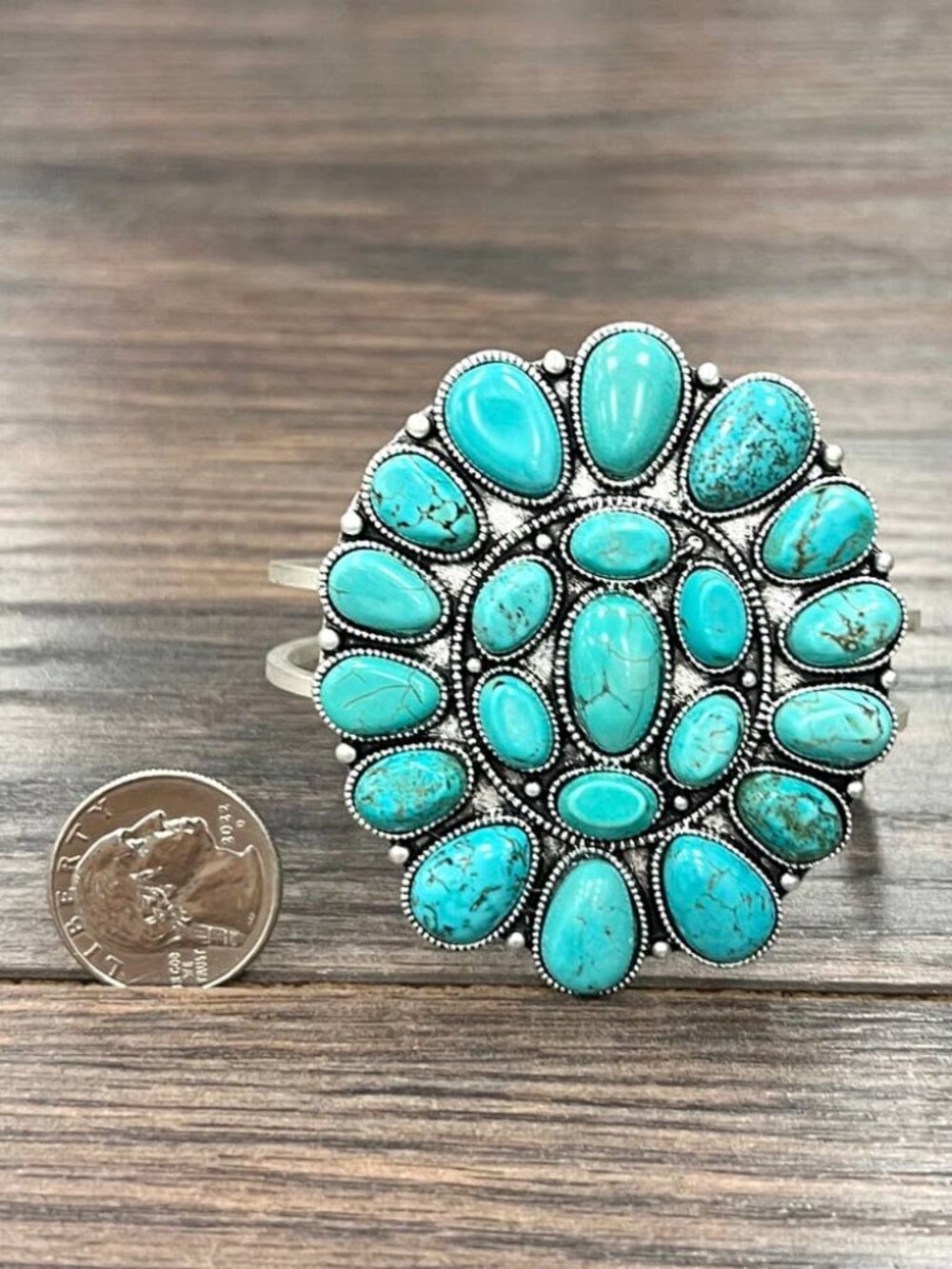 Turquoise Cluster Cuff Bracelet Western Boho Statement Silver Tone Wide - Picture 3 of 3